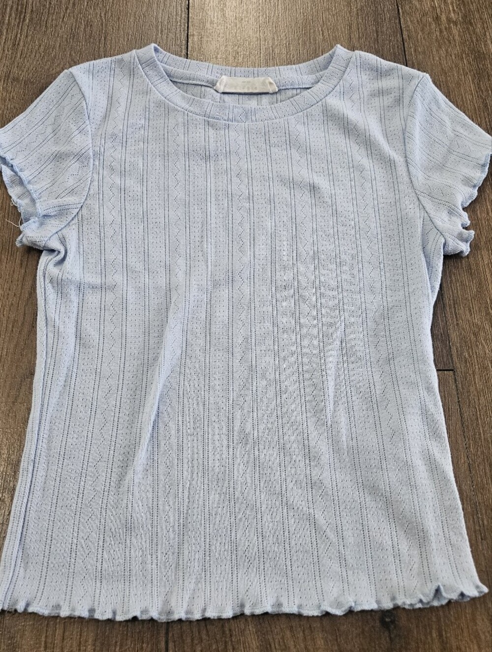 Light Blue Ribbed Knit Tee with Ruffle Trim